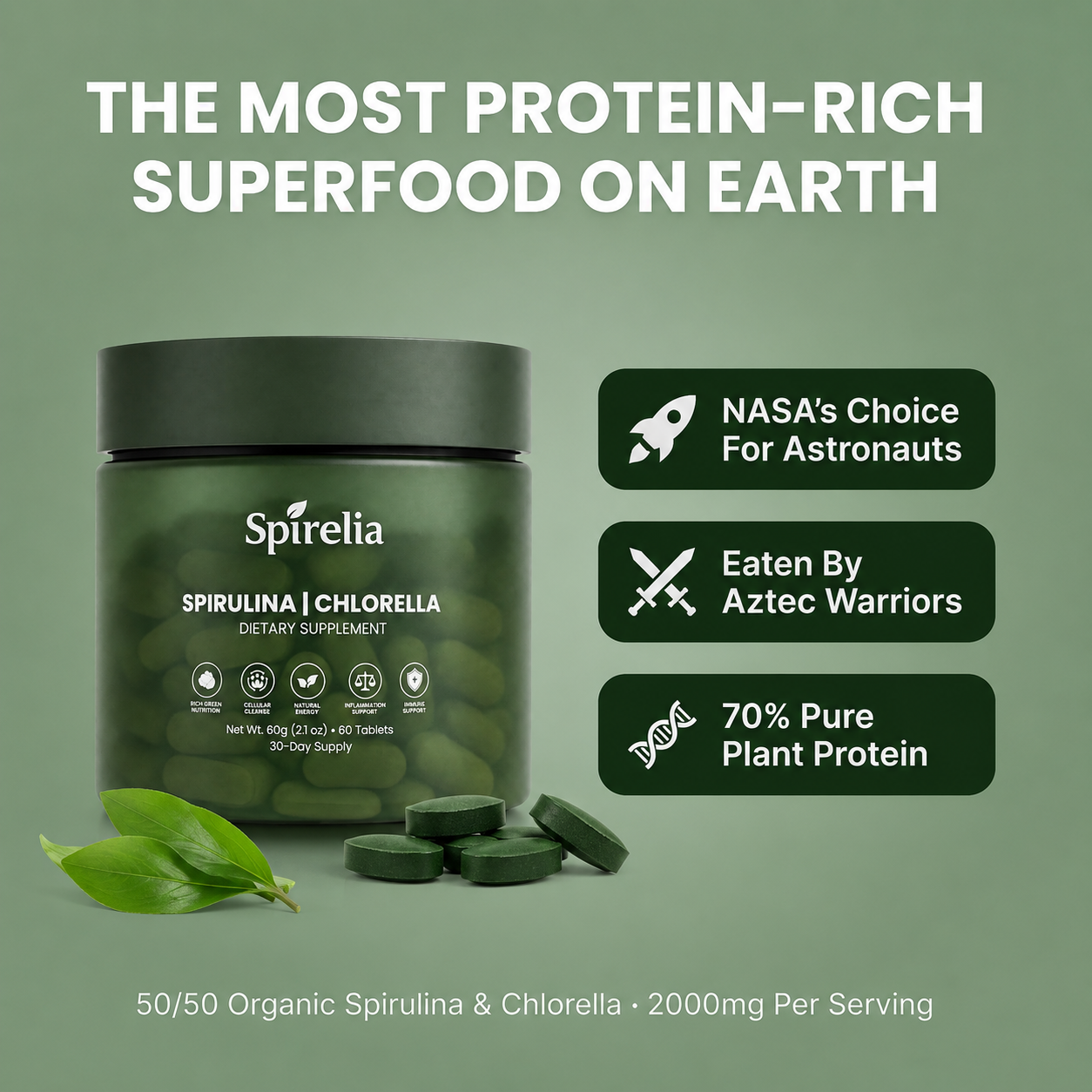 Spirulina & Chlorella Tablets — The Most Protein-Rich Superfood On Earth | 70% Pure Protein